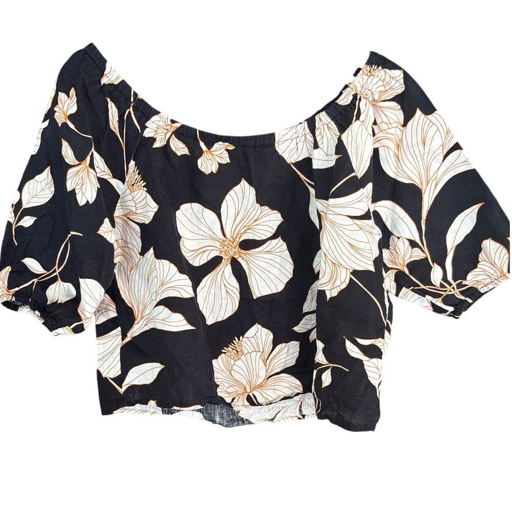 Cynthia Rowley Crop Linen Top M Floral Black White Coastal Prep Blouse Festival